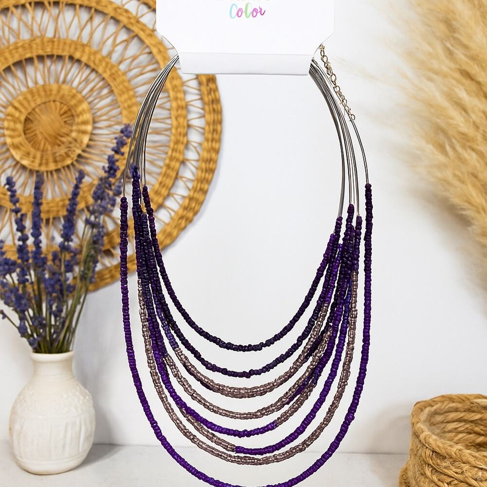 MIXIT Color Layered Beaded Necklace – Ombre Purple & Silver Multi-Strand Beads,